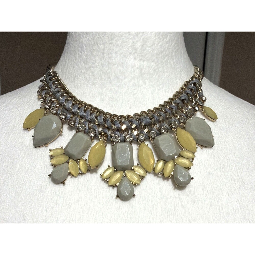 Resin Statement Necklace Yellow Gray Velvet Wrapped Chain Bib Vintage Style